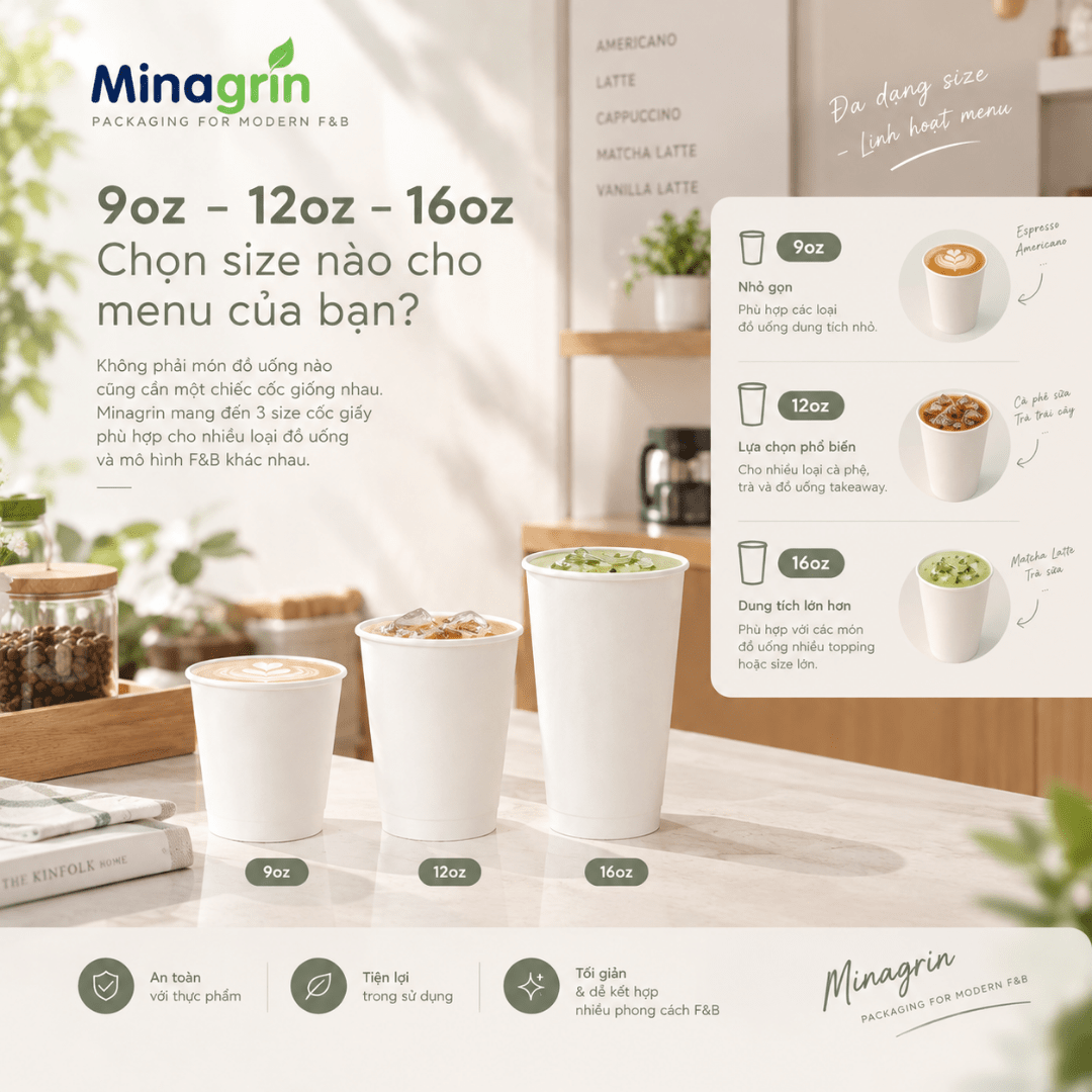 Cốc giấy 9oz, 12oz, 16oz: Cách chọn size phù hợp cho quán F&B